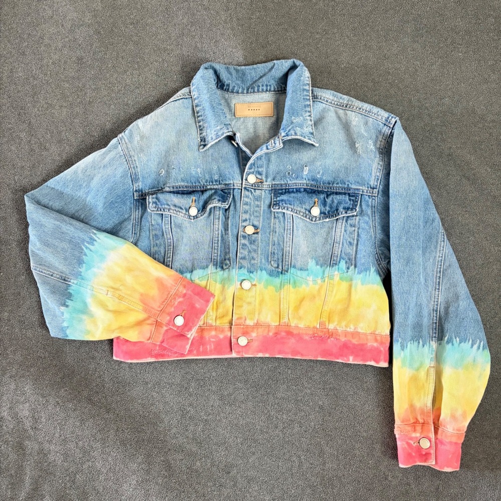 Blank NYC Denim Jacket Women L Blue Rainbow Tie Dye Excellent Cropped Distressed